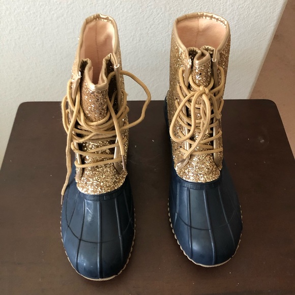Gold Glitter Navy Blue Skipper Rain Duck Boots - Picture 1 of 2